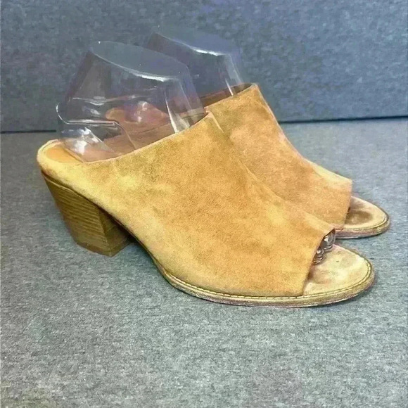 Vince Cuoio Camel Suede Open Toe Slide Stack Heel Made in Italy Women’s Size 8.5 - Picture 2 of 11